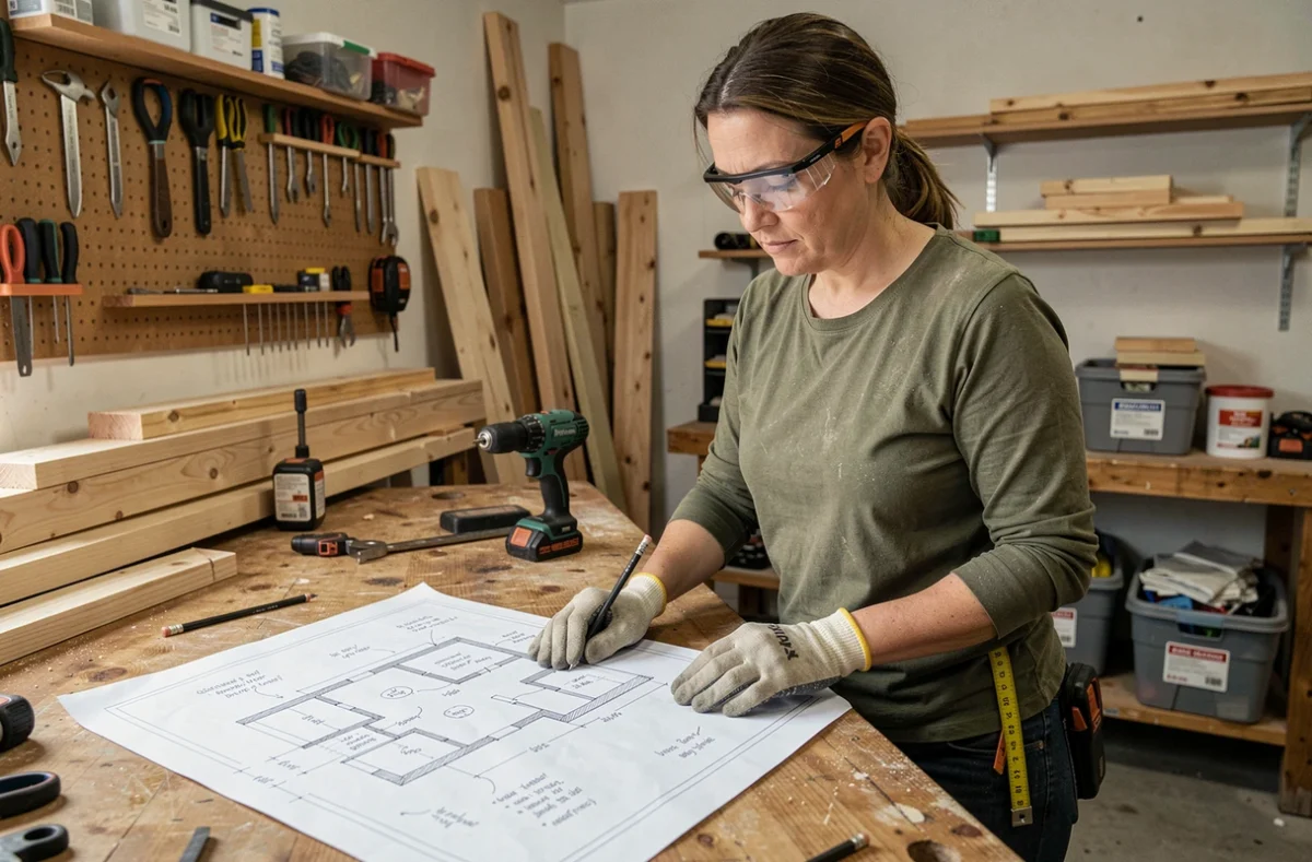 Femme artisane consultant un plan de rénovation dans un atelier de bricolage maison bien équipé