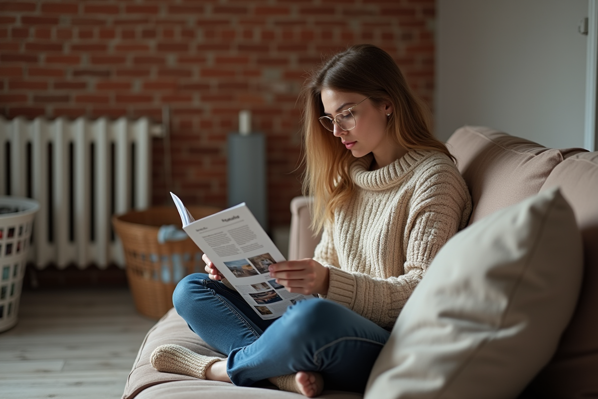 Jeune femme lisant une brochure sur les radiateurs dans le salon