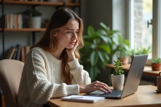 Jeune femme au bureau à domicile en train de taper