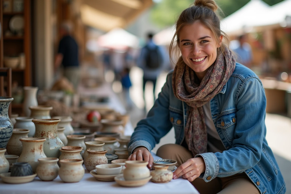Jeune femme arrangeant ses céramiques lors d
