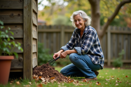 Femme en jeans et chemise à carreaux compostant dans le jardin