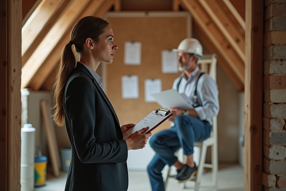 Jeune femme discutant avec un entrepreneur dans un grenier en travaux