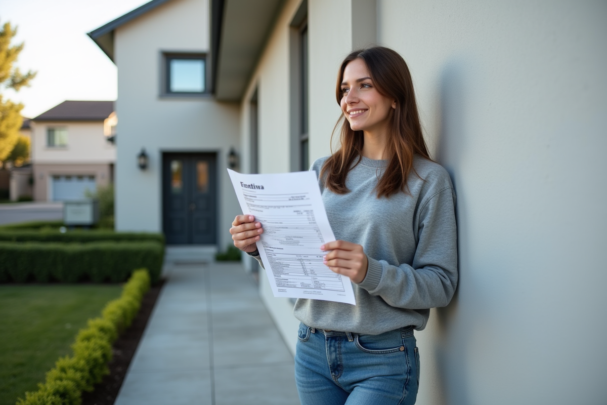 Jeune femme examinant une façade en stuc gris clair