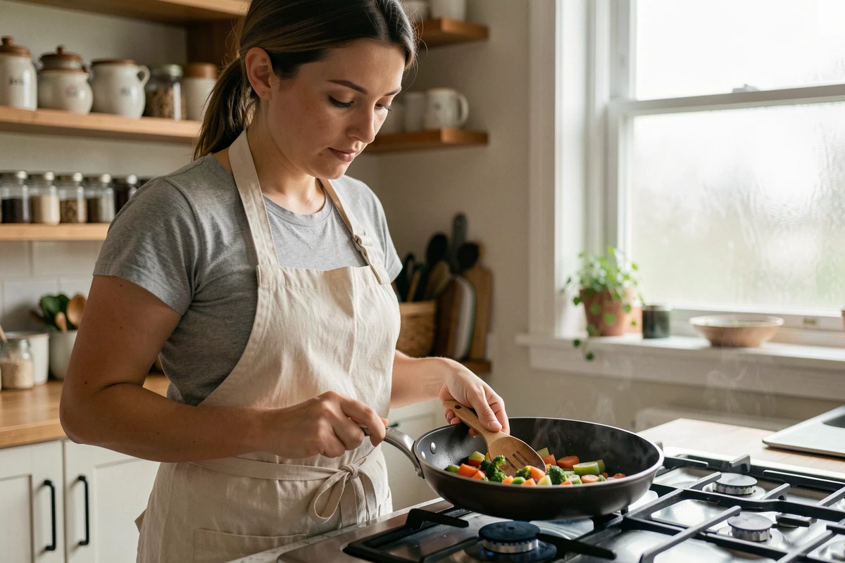 Femme cuisinant avec une poêle antiadhésive Elsay sur une gazinière dans une cuisine familiale chaleureuse