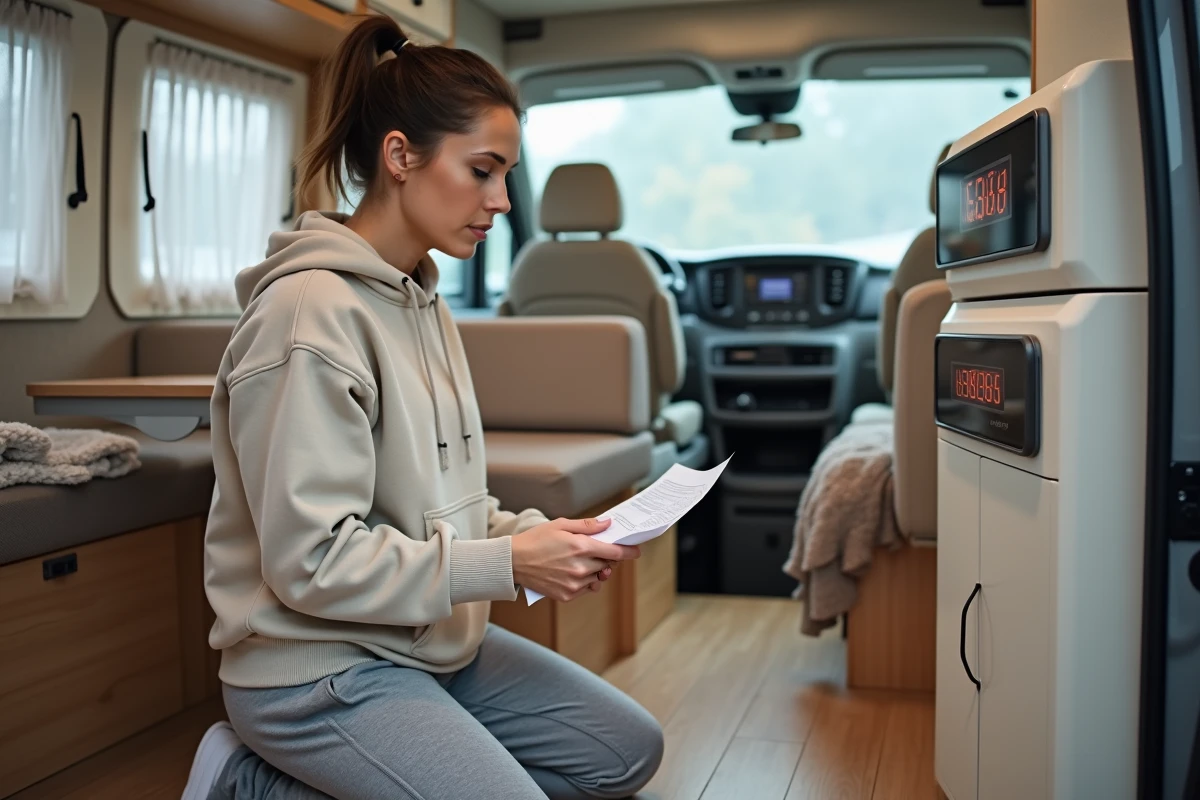 Femme consultant un guide de dépannage face au panneau de contrôle Truma Combi 4 dans un van aménagé
