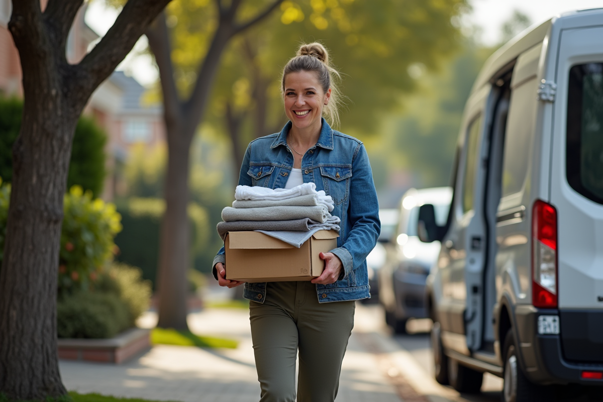 Femme portant des vêtements vers une camionnette dans la rue