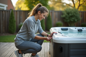 Femme en tenue de sport nettoie un spa extérieur dans un jardin