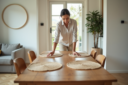 Femme arrangeant des sets de table dans un appartement moderne