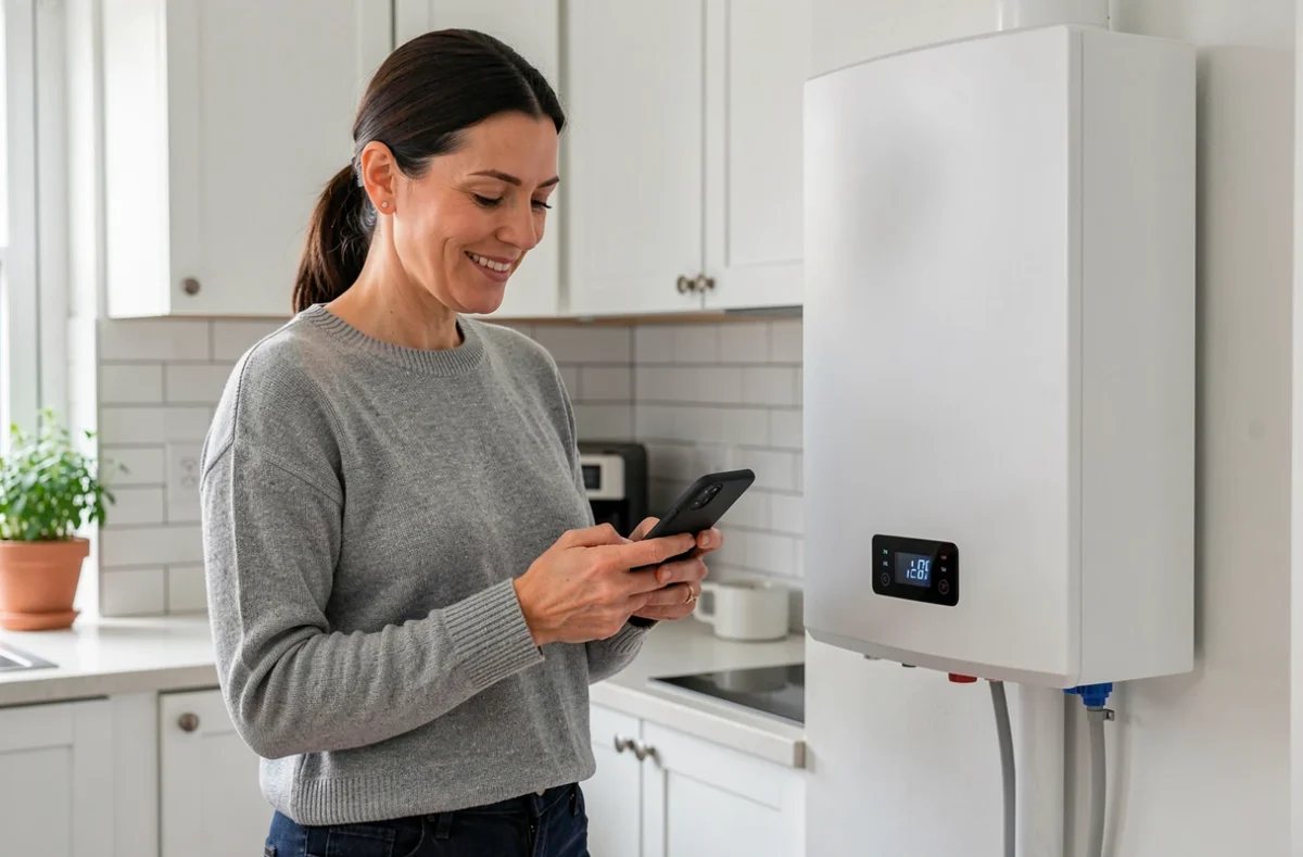 Femme souriante consultant sa facture d'énergie à côté d'un chauffe-eau thermodynamique dans une cuisine moderne