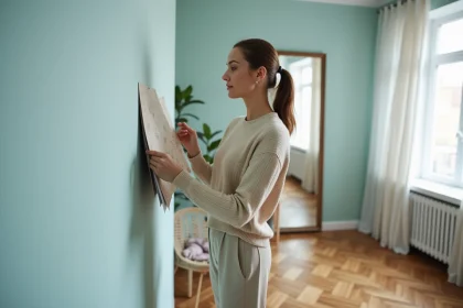Femme élégante examinant des échantillons de papier peint dans un salon moderne