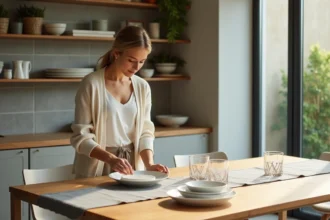 Femme élégante posant une assiette monogrammee W sur une table