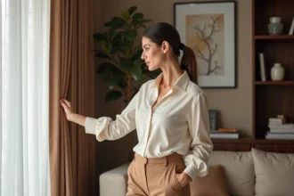 Femme élégante ajustant des rideaux en velours dans un salon moderne