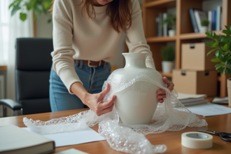 Femme emballant une porcelaine fragile à son bureau