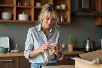 Femme en jeans emballant un cristal dans du papier dans une cuisine chaleureuse