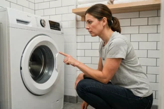 Femme évaluant un lave-linge Valberg dans une buanderie domestique propre et moderne