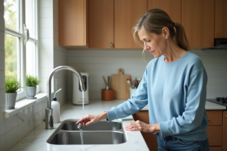 Femme inspectant un systeme de filtration d'eau dans la cuisine