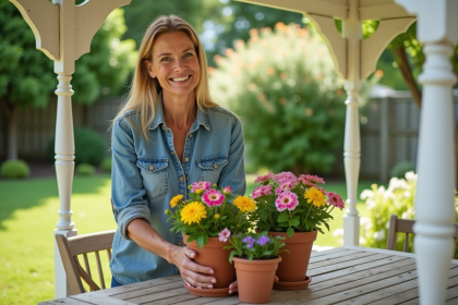 Femme souriante arrangeant des fleurs dans le jardin