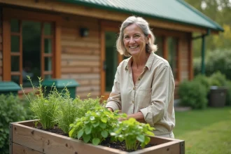 Femme souriante dans un jardin écologique avec plantes et maison en bois