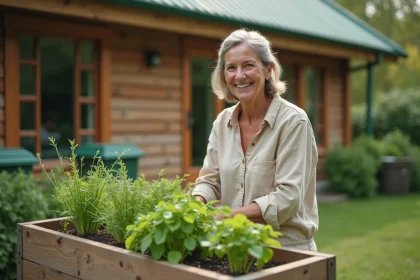 Femme souriante dans un jardin écologique avec plantes et maison en bois