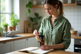 Femme versant des huiles essentielles dans un flacon en cuisine