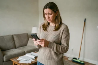 Femme tenant un smartphone dans un salon légèrement poussiéreux, semblant préoccupée par l'absence de sa femme de ménage