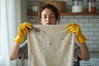 Femme inspectant un rideau en coton avec des taches de moisissure dans une buanderie domestique