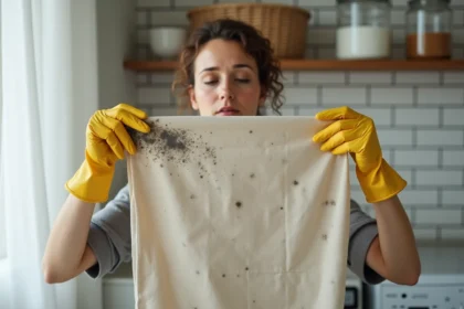 Femme inspectant un rideau en coton avec des taches de moisissure dans une buanderie domestique