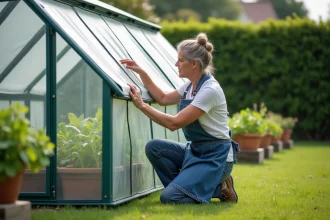 Femme inspectant une serre dans un jardin verdoyant
