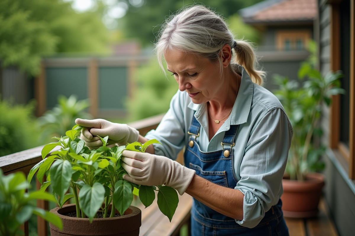 Femme en jardinage appliquant bicarbonate sur plante verte