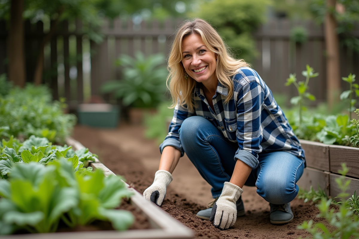 Femme en jeans et chemise à carreaux dans le jardin