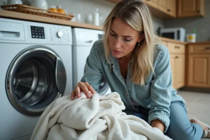 Femme examinant du linge gris dans une buanderie moderne