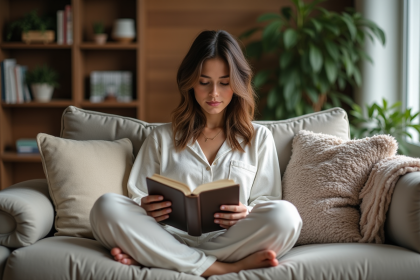 Jeune femme lisant confortablement sur un sofa moderne