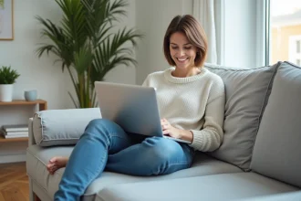 Femme souriante sur canapé moderne en living