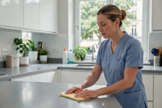 Femme de ménage professionnelle en uniforme bleu nettoyant le plan de travail d'une cuisine moderne dans un appartement français