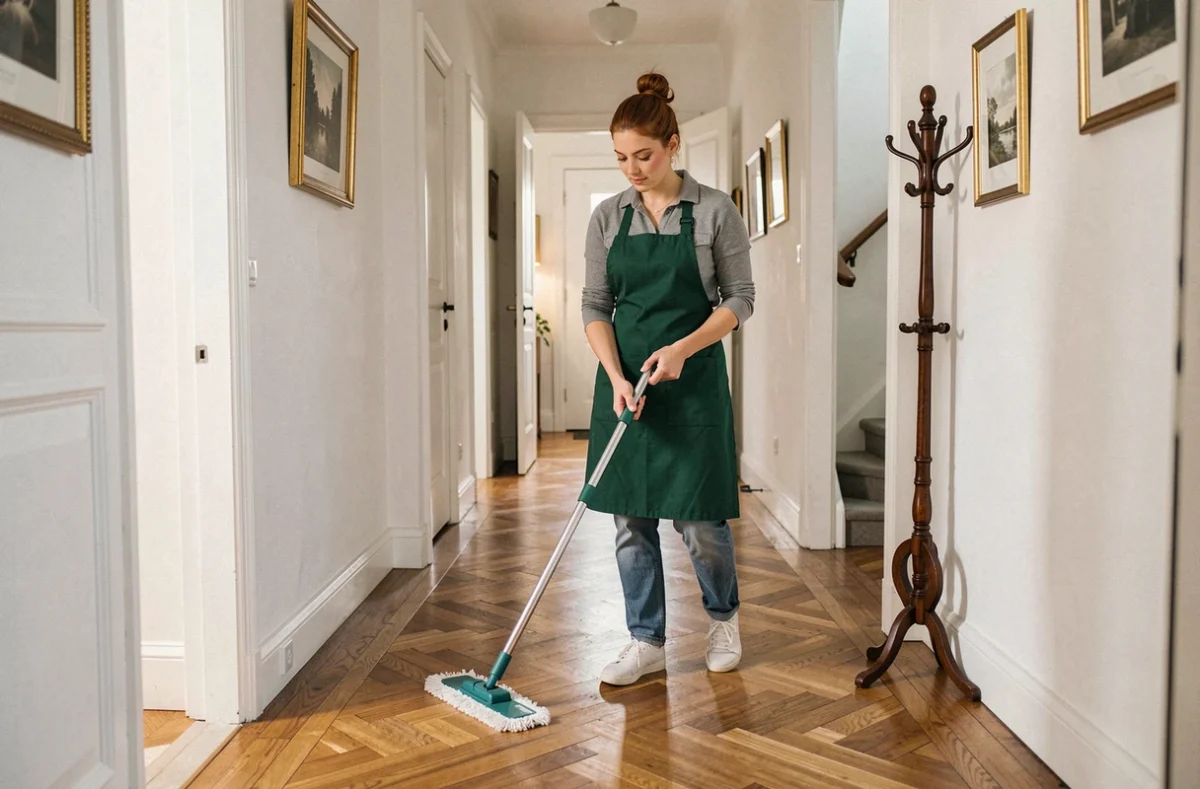 Femme de ménage en tablier vert lavant le parquet d'un couloir dans une maison résidentielle à Brunoy