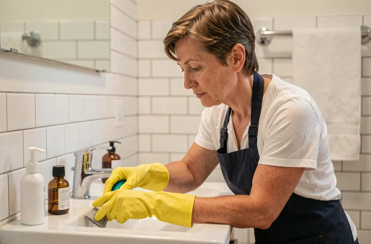 Femme de ménage à domicile portant des gants en caoutchouc nettoyant un lavabo dans une salle de bain carrelée