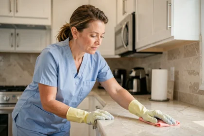 Femme de ménage professionnelle en uniforme bleu nettoyant un plan de travail dans une cuisine moderne