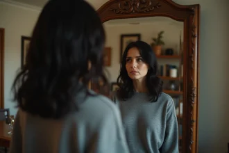 Femme regardant son reflet fracturé dans un miroir ancien