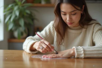 Femme nettoyant une bague en argent sur la table de cuisine