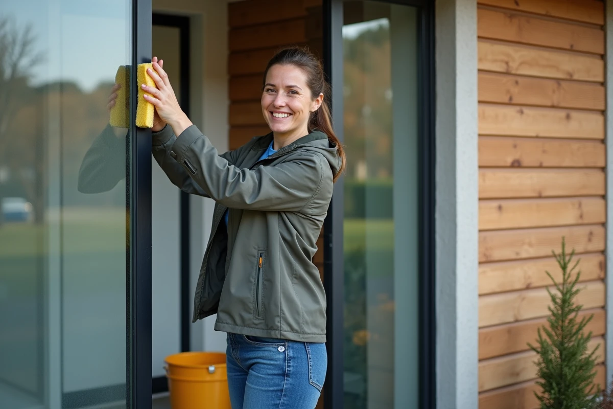 Femme souriante nettoyant une fenêtre extérieure avec une éponge
