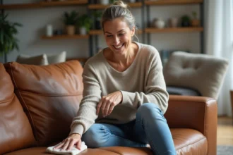Femme nettoyant un canapé en cuir avec douceur dans un salon moderne