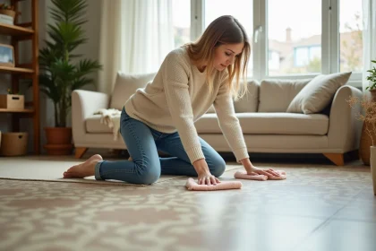 Femme nettoyant un sol en PVC dans un salon chaleureux
