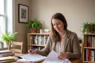 Femme organisée avec documents de pret et cartes de credit