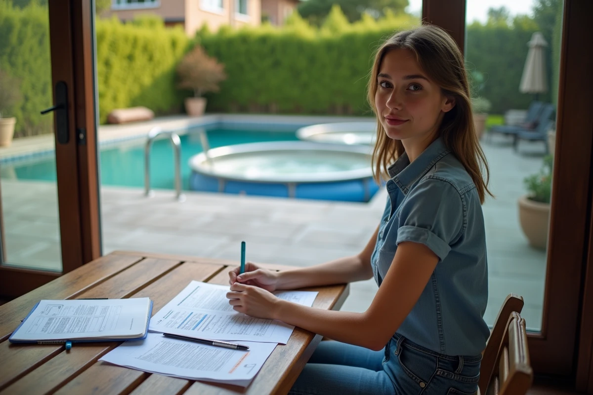 Jeune femme consulte des papiers avec piscines en arrière-plan
