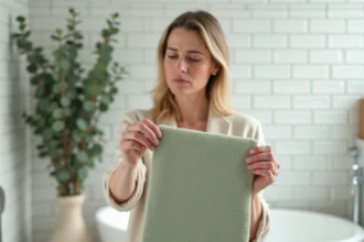 Femme aux peaux sensibles inspectant un tapis antidérapant de bain hypoallergénique dans une salle de bain moderne