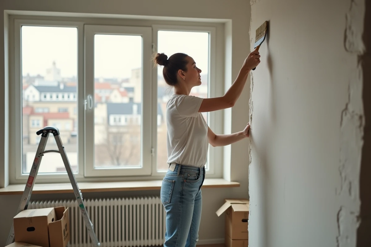 Jeune femme peint un mur dans un appartement en rénovation