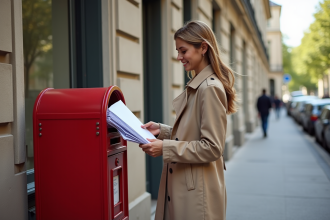 Femme dans un trench beige postant une lettre dans une boîte aux lettres parisienne