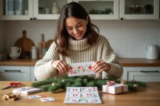 Femme souriante préparant un calendrier de l'Avent fait maison