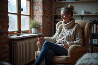 Femme assise près d'un radiateur électrique dans un appartement