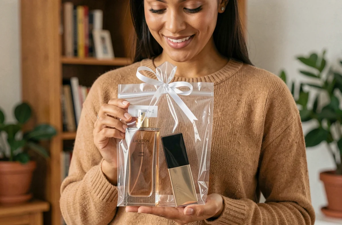 Femme tenant un sac cadeau transparent avec des cosmétiques et un parfum, ambiance chaleureuse dans un intérieur cosy
